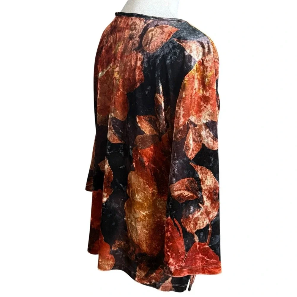 Velvet Velour Top Womens M Autumn‎ Leaves Keyhole Stretch Dressy Blouse